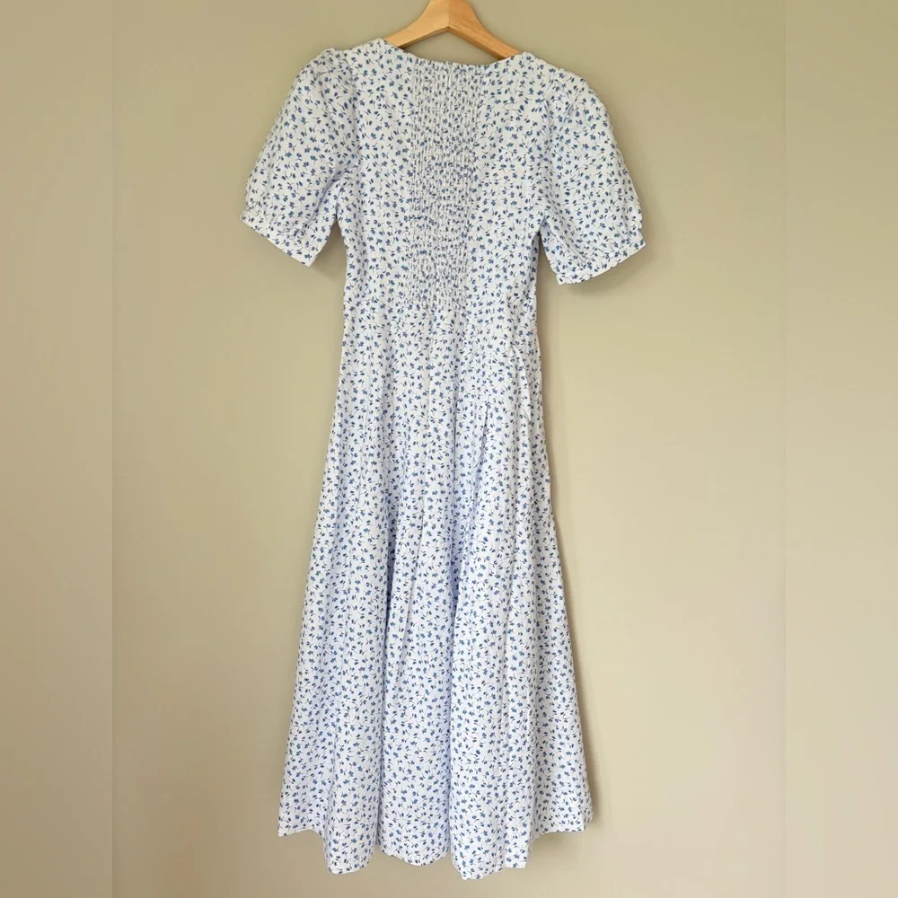 NEW Reformation Coucou Midi Linen Dress Hanna White Blue Floral | US 4 UK 8 - Picture 13 of 16